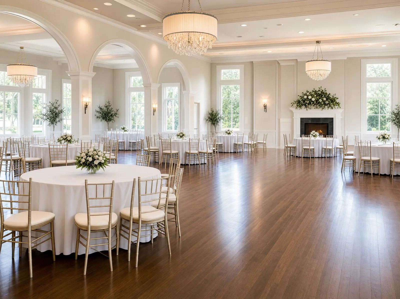 A large clean banquet and event hall freshly set up with round tables, white linens and a polished floor, ready for a reception